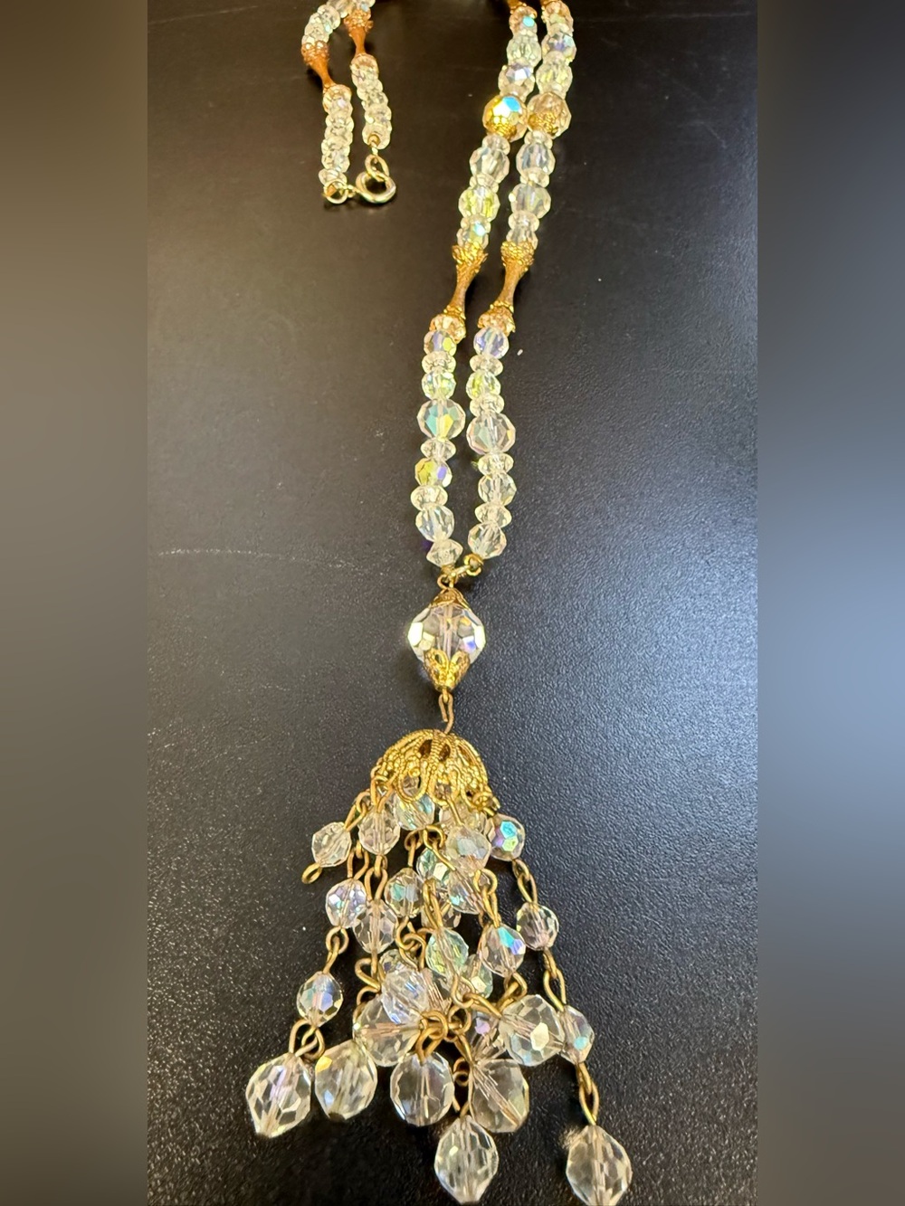 Vintage Crystal Bead Tassel Necklace - AB Crystals and Gold - Picture 10 of 10